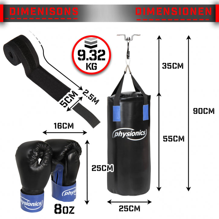 Vreća za boks (55 cm / Ø 25 cm / 9 kg) + Rukavice za decu + Bandažeri